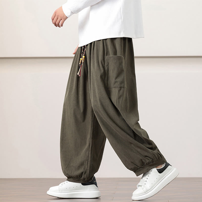 Pantaloni harem da uomo in velluto a coste tinta unita con coulisse e tasche Buddha Stones