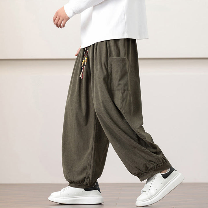 Pantaloni harem da uomo in velluto a coste tinta unita con coulisse e tasche Buddha Stones