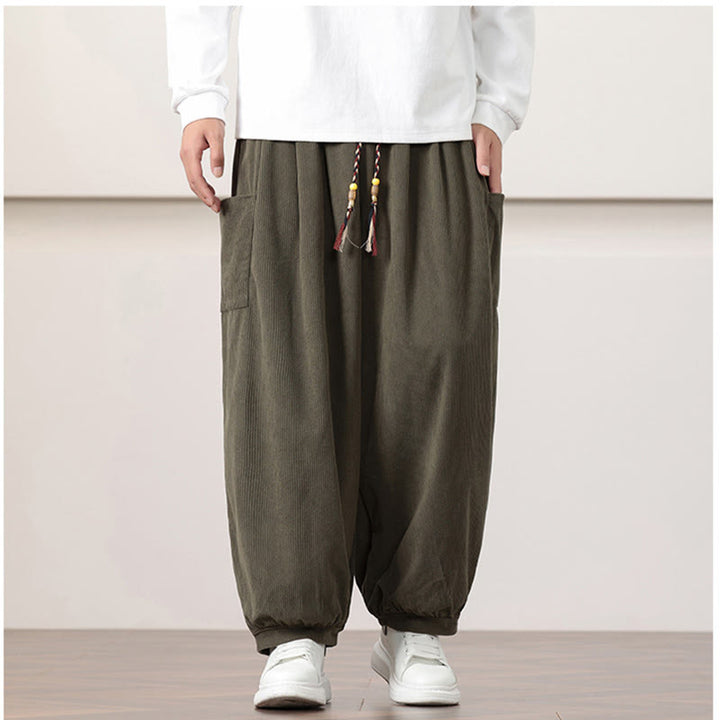 Pantaloni harem da uomo in velluto a coste tinta unita con coulisse e tasche Buddha Stones - image 1