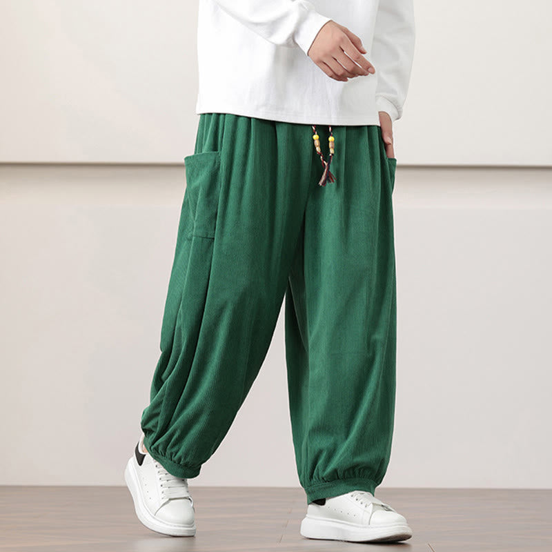 Pantaloni harem da uomo in velluto a coste tinta unita con coulisse e tasche Buddha Stones