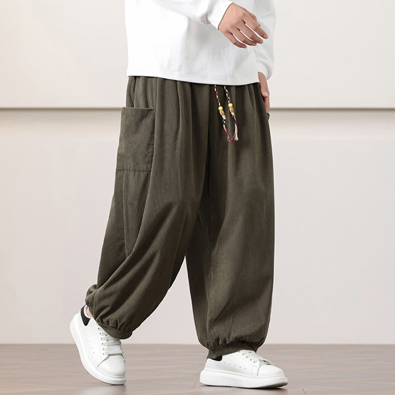 Pantaloni harem da uomo in velluto a coste tinta unita con coulisse e tasche Buddha Stones - image 2