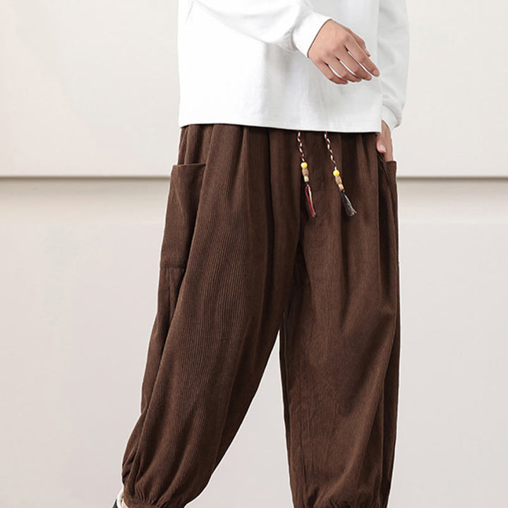 Pantaloni harem da uomo in velluto a coste tinta unita con coulisse e tasche Buddha Stones