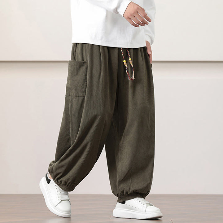 Pantaloni harem da uomo in velluto a coste tinta unita con coulisse e tasche Buddha Stones - image 2