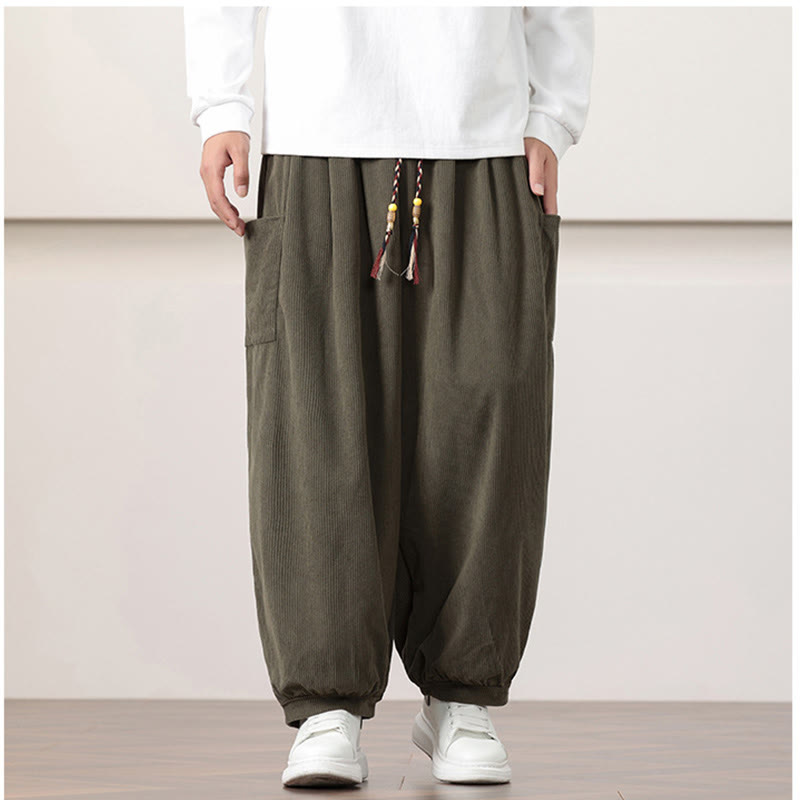 Pantaloni harem da uomo in velluto a coste tinta unita con coulisse e tasche Buddha Stones