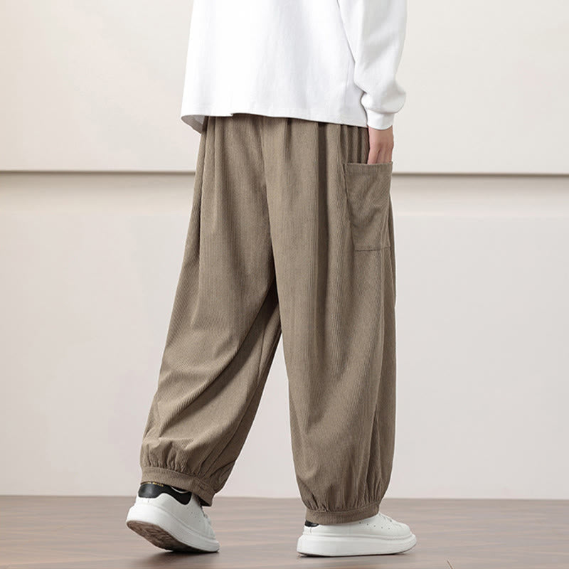 Pantaloni harem da uomo in velluto a coste tinta unita con coulisse e tasche Buddha Stones