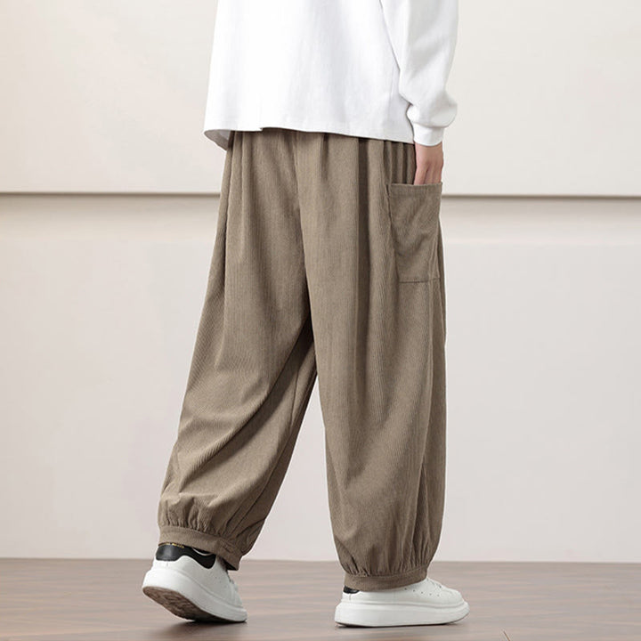 Pantaloni harem da uomo in velluto a coste tinta unita con coulisse e tasche Buddha Stones