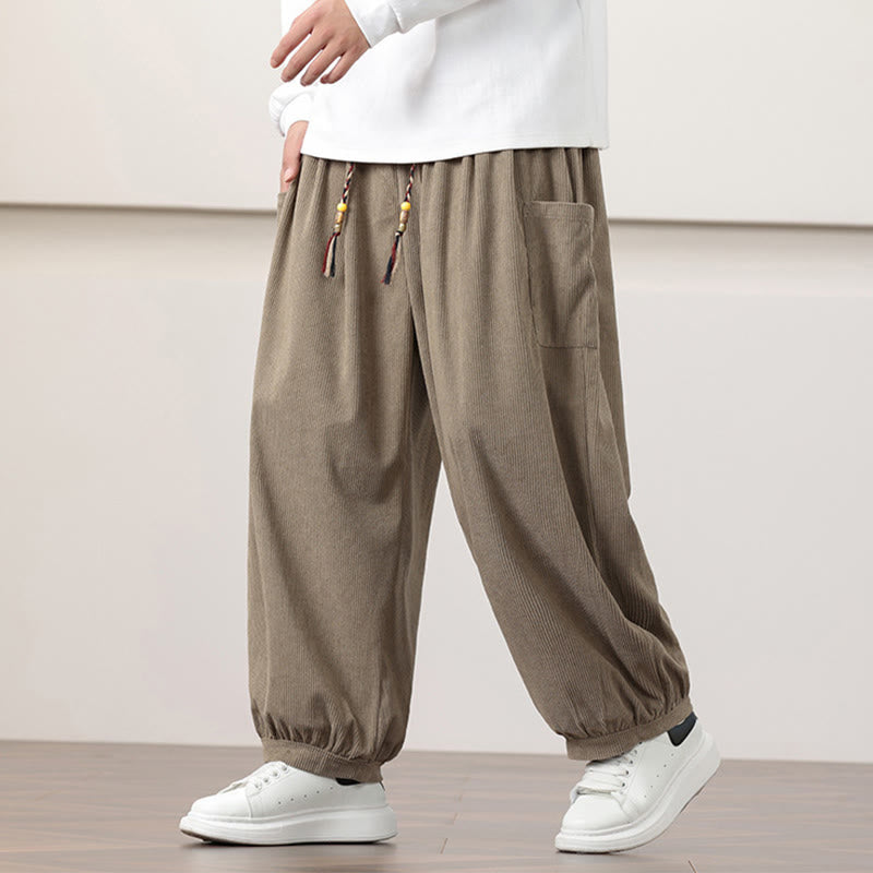 Pantaloni harem da uomo in velluto a coste tinta unita con coulisse e tasche Buddha Stones