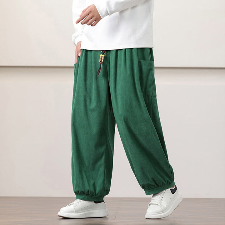 Pantaloni harem da uomo in velluto a coste tinta unita con coulisse e tasche Buddha Stones