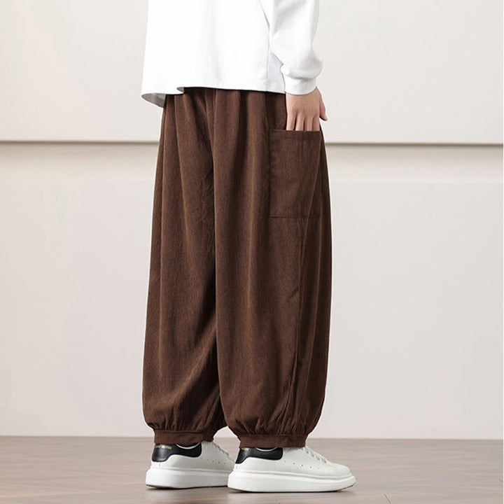 Pantaloni harem da uomo in velluto a coste tinta unita con coulisse e tasche Buddha Stones