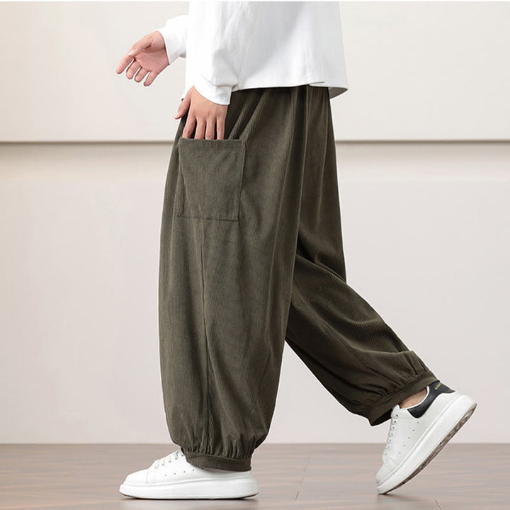 Pantaloni harem da uomo in velluto a coste tinta unita con coulisse e tasche Buddha Stones - image 5