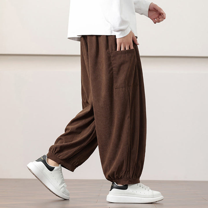 Pantaloni harem da uomo in velluto a coste tinta unita con coulisse e tasche Buddha Stones