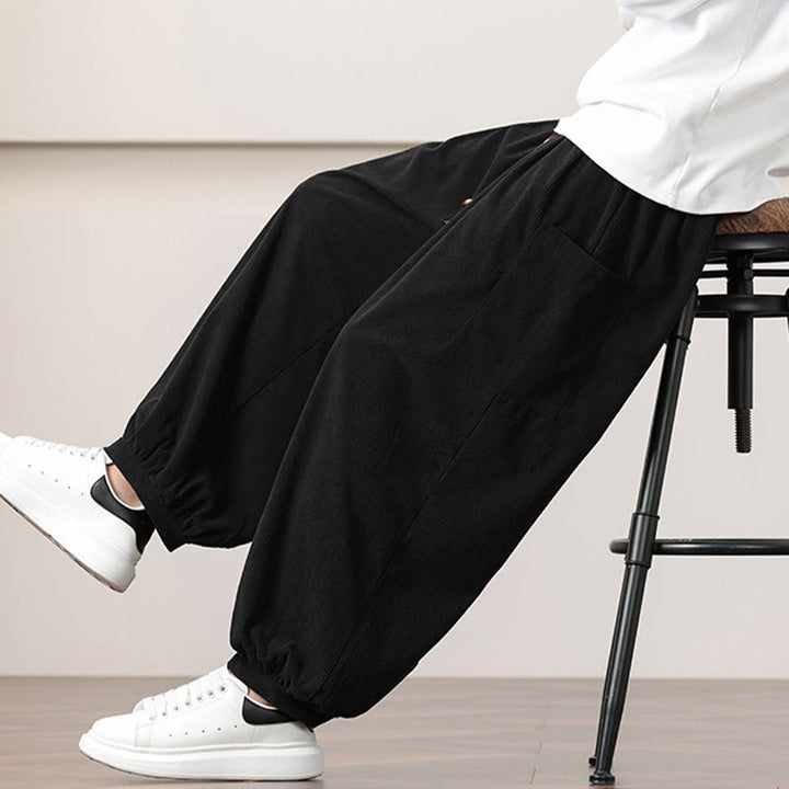 Pantaloni harem da uomo in velluto a coste tinta unita con coulisse e tasche Buddha Stones