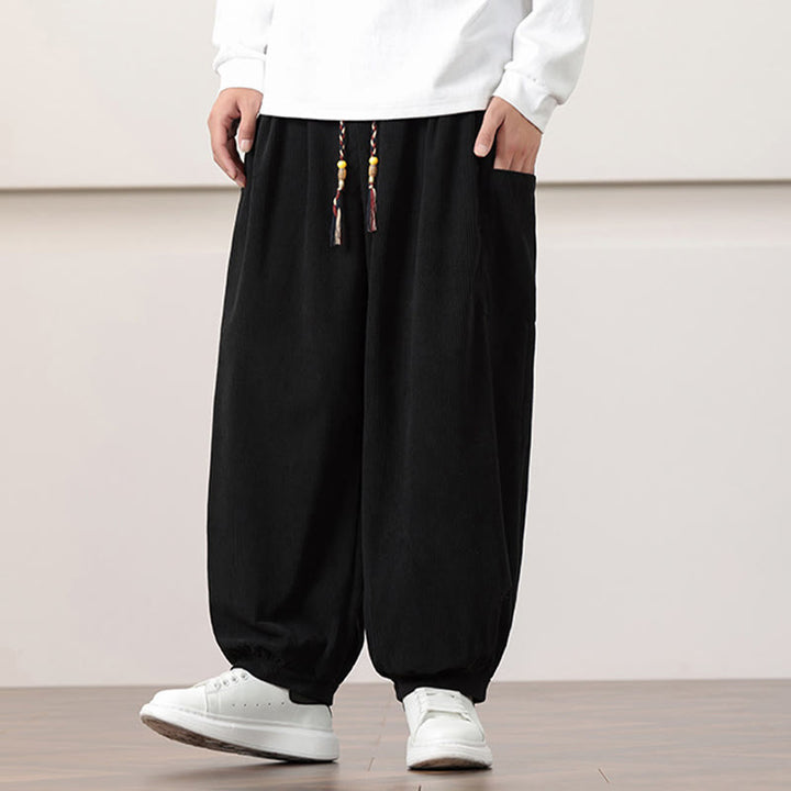 Pantaloni harem da uomo in velluto a coste tinta unita con coulisse e tasche Buddha Stones