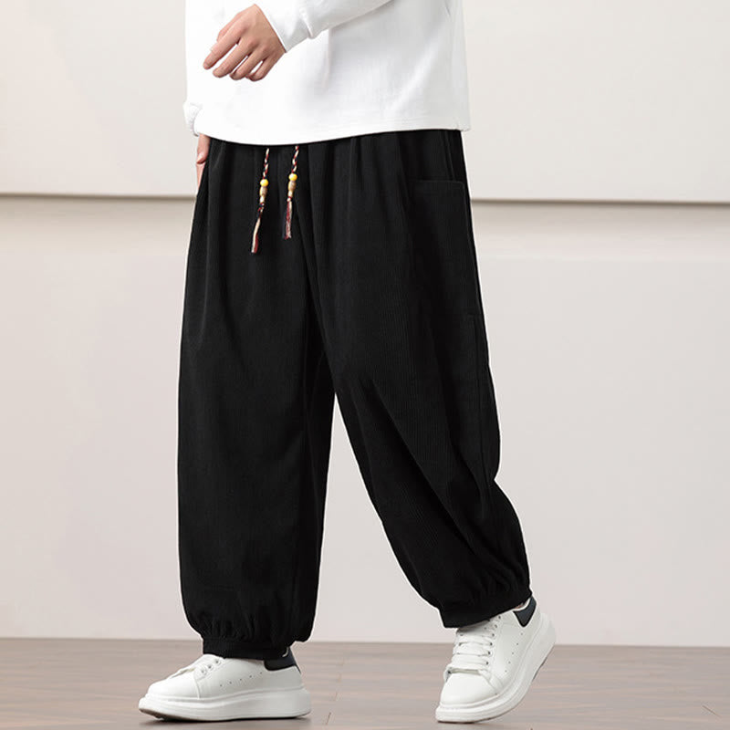 Pantaloni harem da uomo in velluto a coste tinta unita con coulisse e tasche Buddha Stones