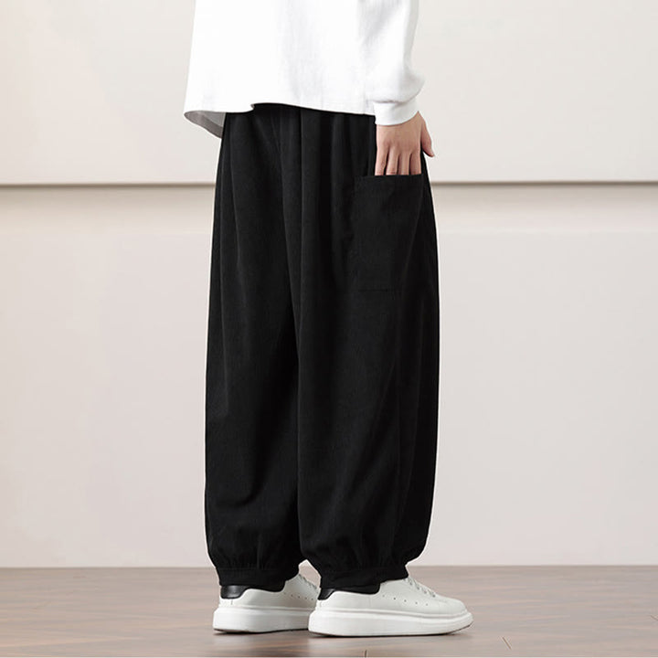 Pantaloni harem da uomo in velluto a coste tinta unita con coulisse e tasche Buddha Stones