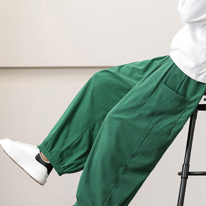 Pantaloni harem da uomo in velluto a coste tinta unita con coulisse e tasche Buddha Stones