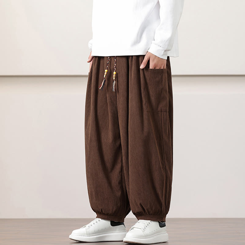 Pantaloni harem da uomo in velluto a coste tinta unita con coulisse e tasche Buddha Stones