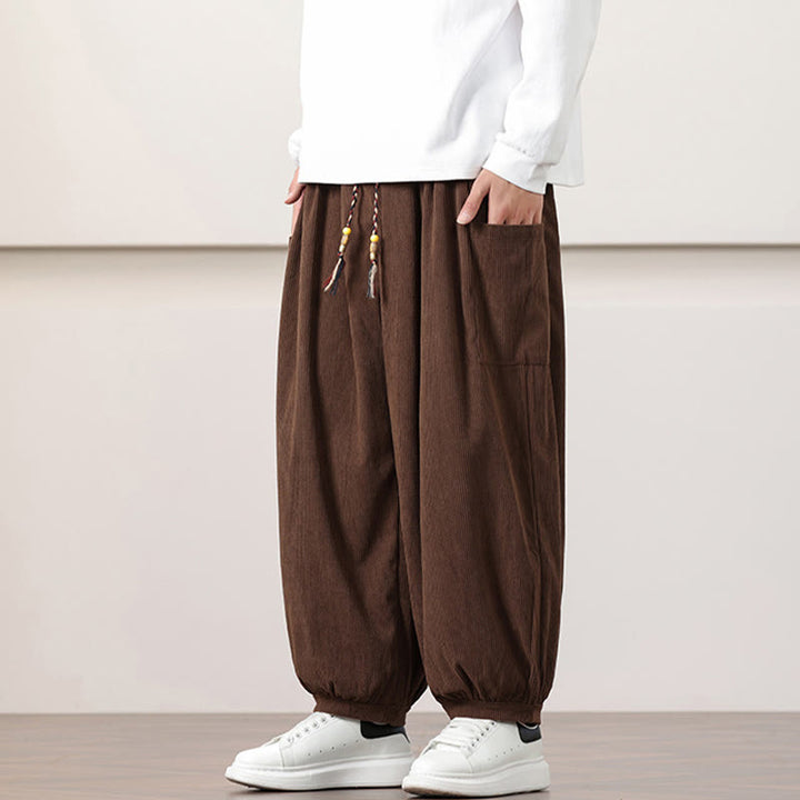 Pantaloni harem da uomo in velluto a coste tinta unita con coulisse e tasche Buddha Stones