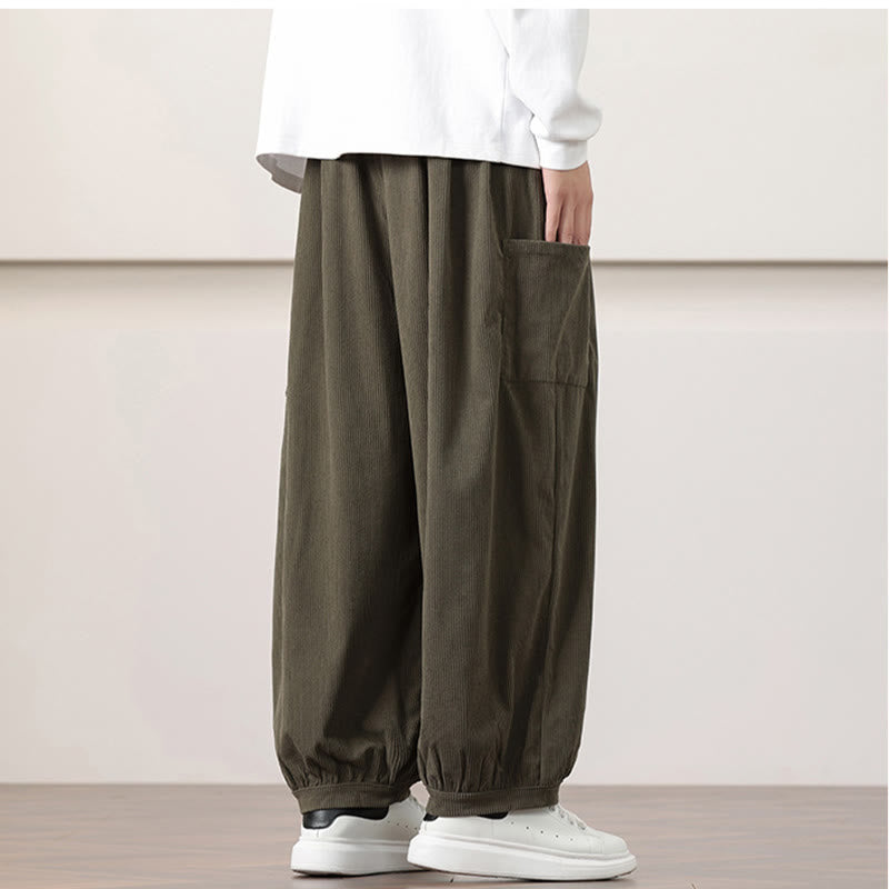 Pantaloni harem da uomo in velluto a coste tinta unita con coulisse e tasche Buddha Stones