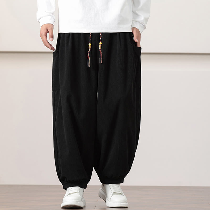Pantaloni harem da uomo in velluto a coste tinta unita con coulisse e tasche Buddha Stones