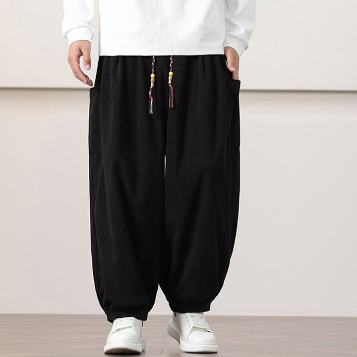 Pantaloni harem da uomo in velluto a coste tinta unita con coulisse e tasche Buddha Stones