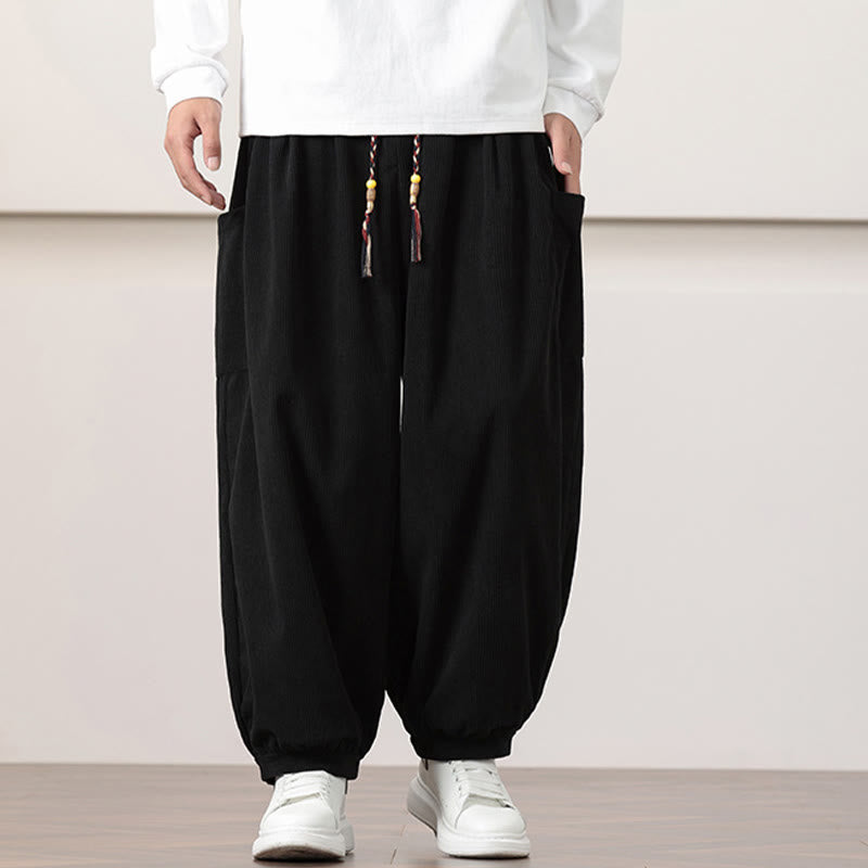 Pantaloni harem da uomo in velluto a coste tinta unita con coulisse e tasche Buddha Stones - image 10