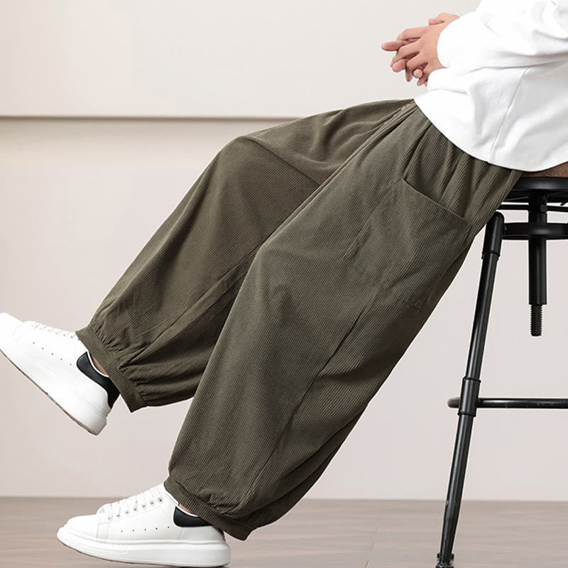 Pantaloni harem da uomo in velluto a coste tinta unita con coulisse e tasche Buddha Stones