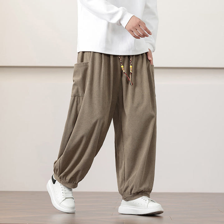 Pantaloni harem da uomo in velluto a coste tinta unita con coulisse e tasche Buddha Stones