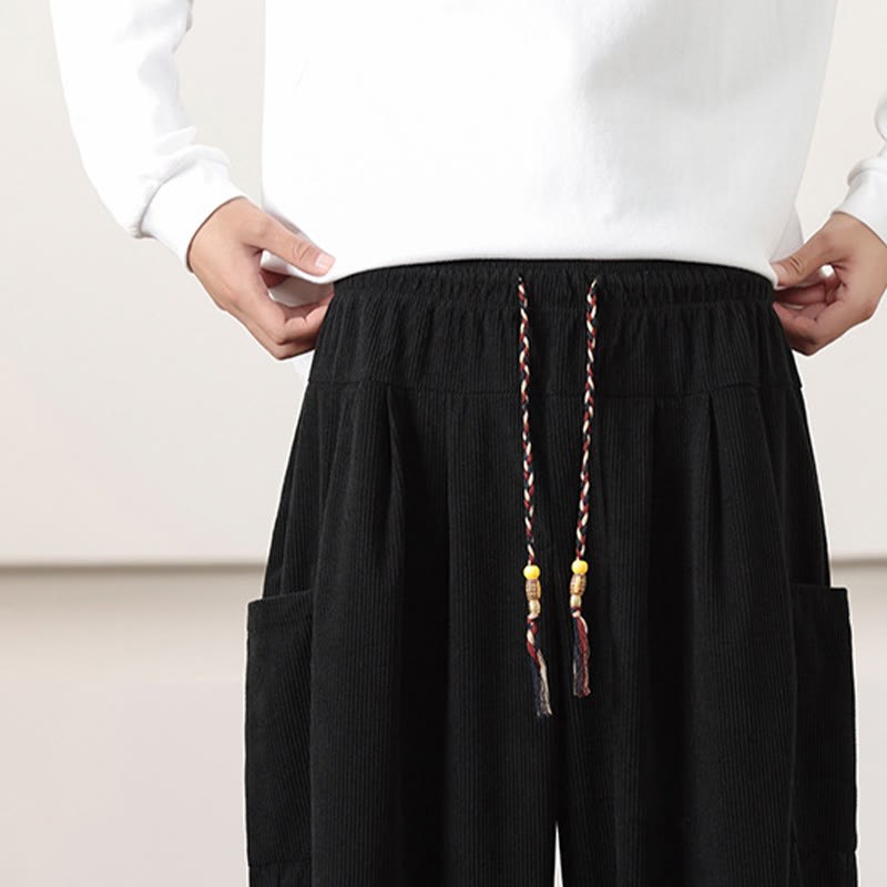 Pantaloni harem da uomo in velluto a coste tinta unita con coulisse e tasche Buddha Stones