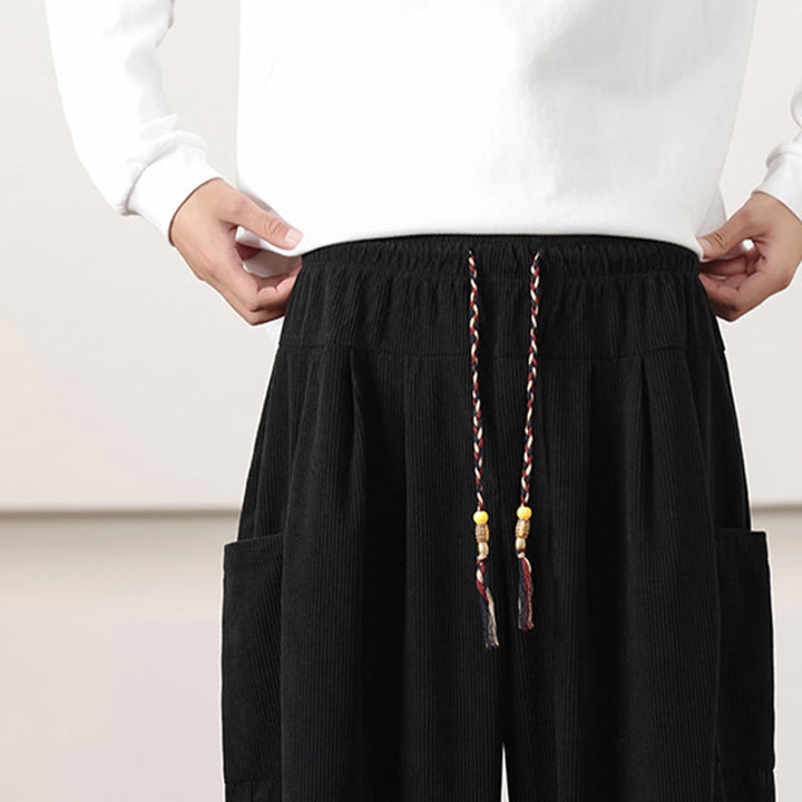 Pantaloni harem da uomo in velluto a coste tinta unita con coulisse e tasche Buddha Stones