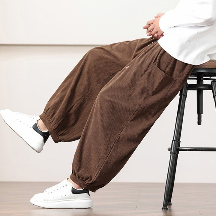 Pantaloni harem da uomo in velluto a coste tinta unita con coulisse e tasche Buddha Stones - image 44