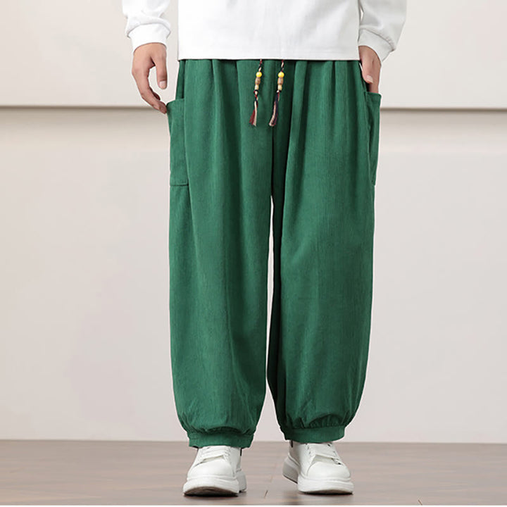 Pantaloni harem da uomo in velluto a coste tinta unita con coulisse e tasche Buddha Stones