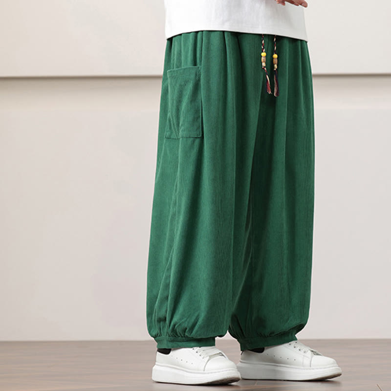 Pantaloni harem da uomo in velluto a coste tinta unita con coulisse e tasche Buddha Stones
