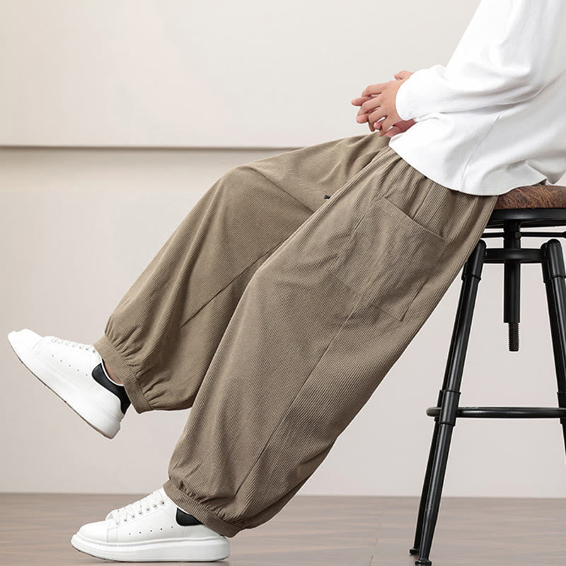 Pantaloni harem da uomo in velluto a coste tinta unita con coulisse e tasche Buddha Stones