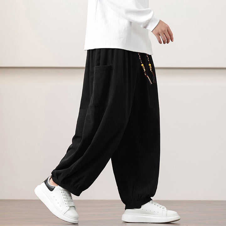 Pantaloni harem da uomo in velluto a coste tinta unita con coulisse e tasche Buddha Stones - image 15