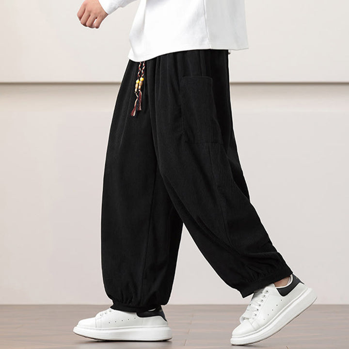 Pantaloni harem da uomo in velluto a coste tinta unita con coulisse e tasche Buddha Stones