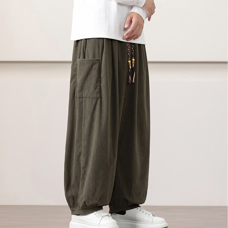 Pantaloni harem da uomo in velluto a coste tinta unita con coulisse e tasche Buddha Stones - image 3