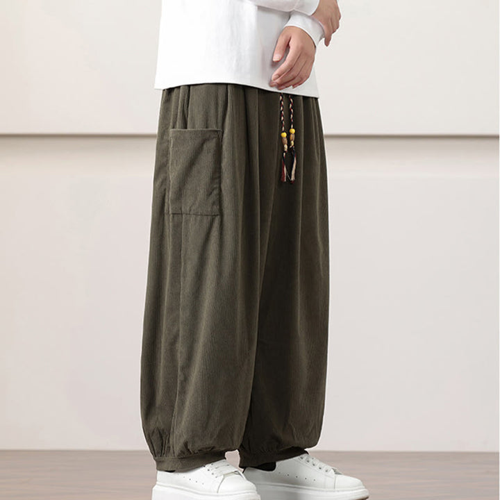 Pantaloni harem da uomo in velluto a coste tinta unita con coulisse e tasche Buddha Stones - image 3