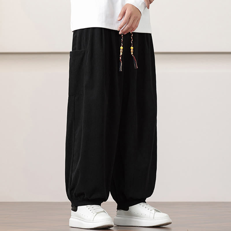 Pantaloni harem da uomo in velluto a coste tinta unita con coulisse e tasche Buddha Stones