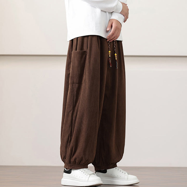 Pantaloni harem da uomo in velluto a coste tinta unita con coulisse e tasche Buddha Stones