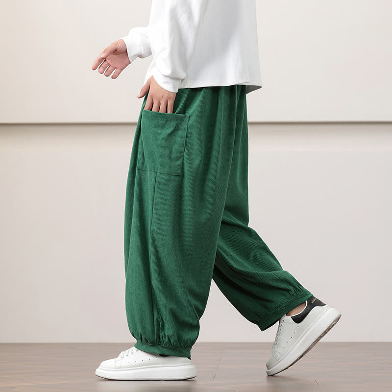 Pantaloni harem da uomo in velluto a coste tinta unita con coulisse e tasche Buddha Stones