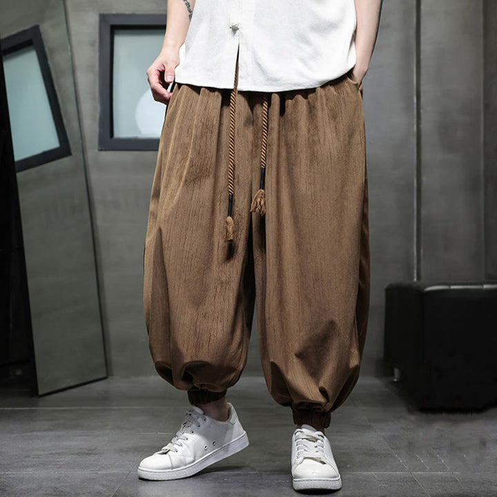 Pantaloni harem da uomo termici con coulisse in velluto a coste tinta unita Buddha Stones con tasche