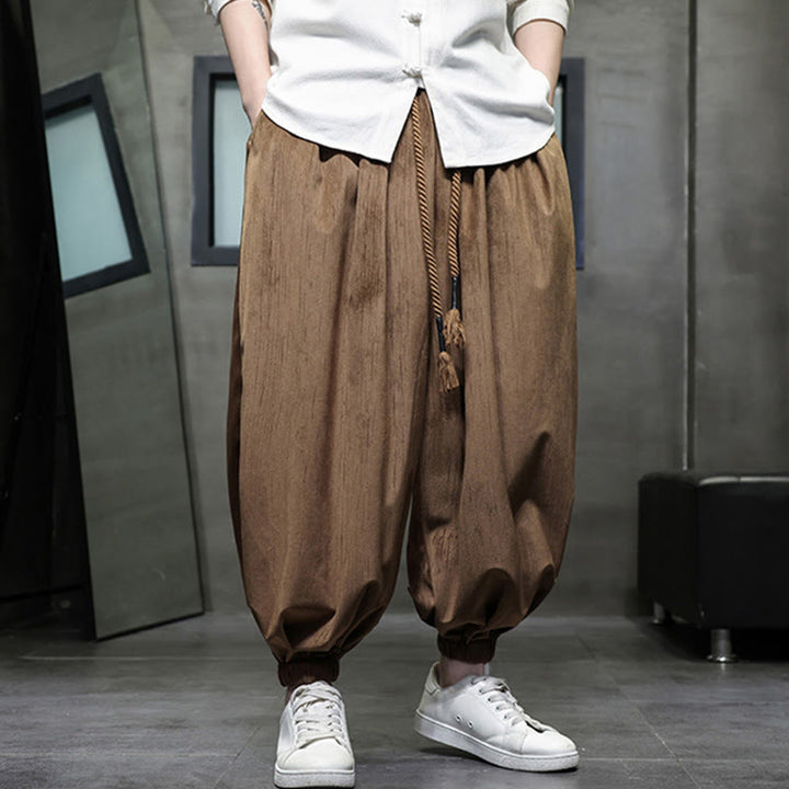 Pantaloni harem da uomo termici con coulisse in velluto a coste tinta unita Buddha Stones con tasche - image 1