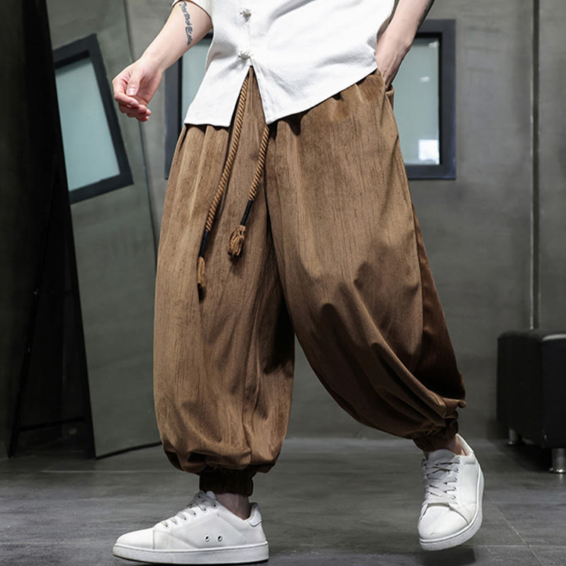 Pantaloni harem da uomo termici con coulisse in velluto a coste tinta unita Buddha Stones con tasche - image 10