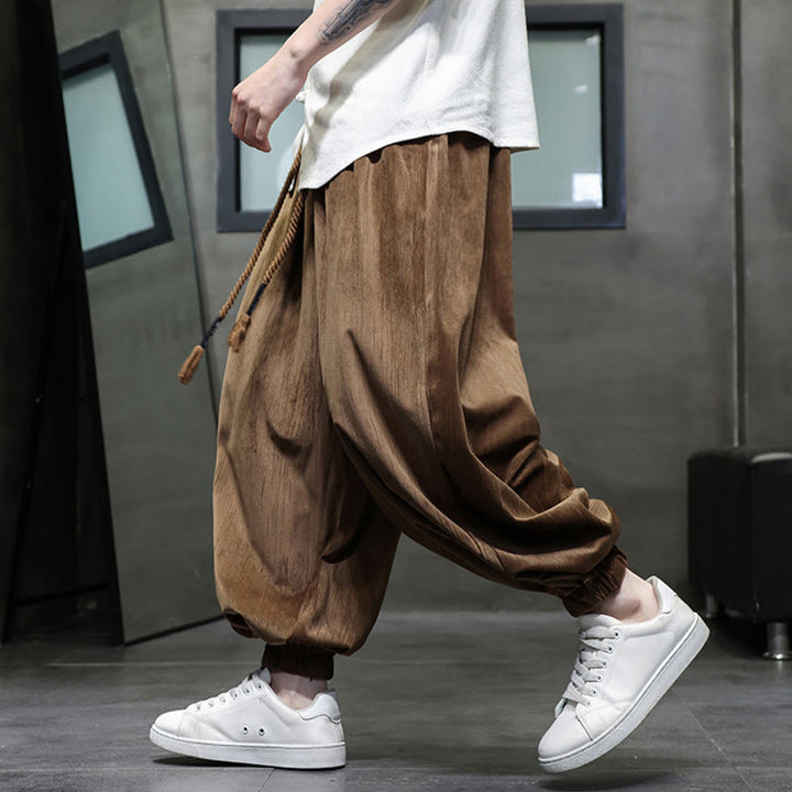 Pantaloni harem da uomo termici con coulisse in velluto a coste tinta unita Buddha Stones con tasche