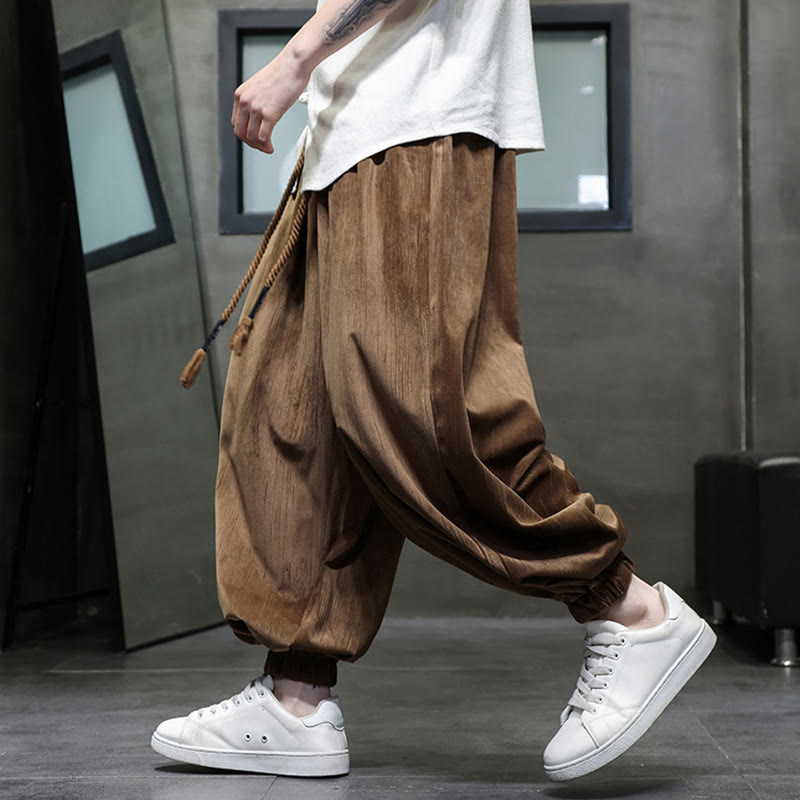Pantaloni harem da uomo termici con coulisse in velluto a coste tinta unita Buddha Stones con tasche - image 11