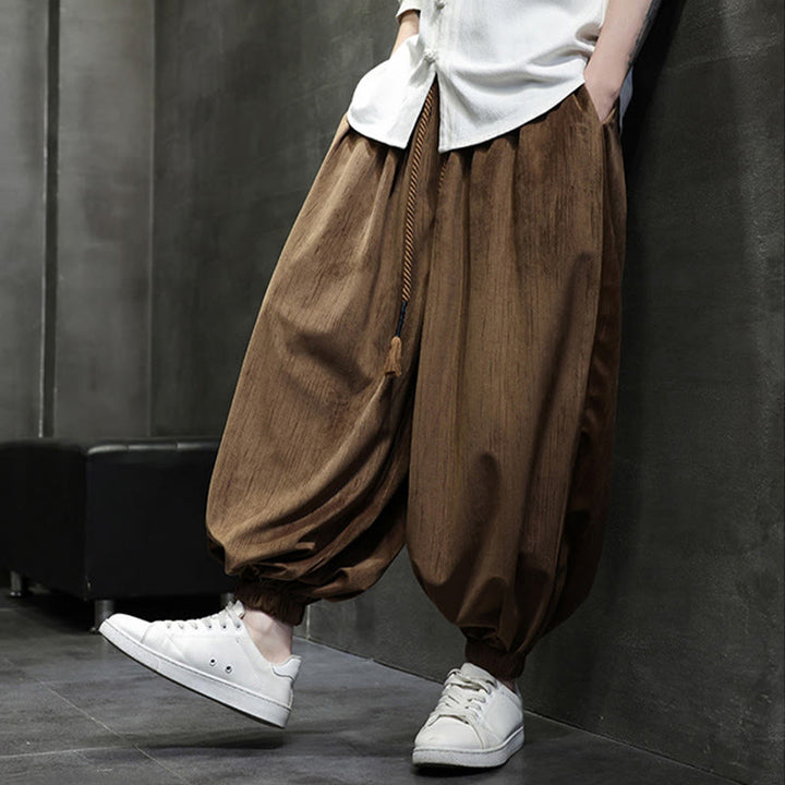 Pantaloni harem da uomo termici con coulisse in velluto a coste tinta unita Buddha Stones con tasche - image 3