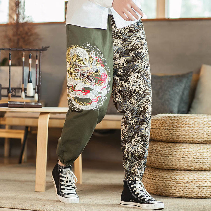Pantaloni da uomo bicolore con tasche e motivo a drago Buddha Stones