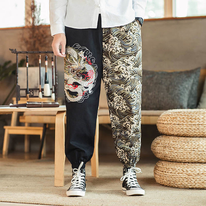 Pantaloni da uomo bicolore con tasche e motivo a drago Buddha Stones