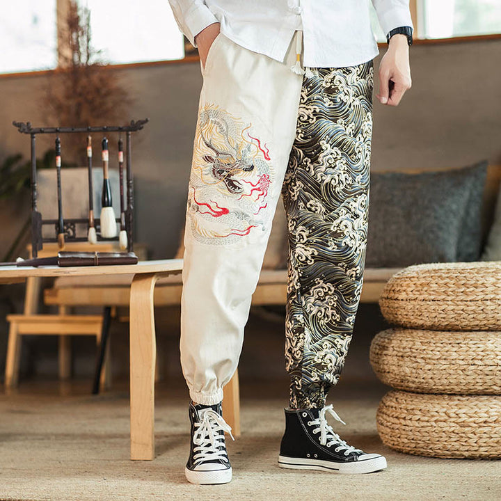 Pantaloni da uomo bicolore con tasche e motivo a drago Buddha Stones